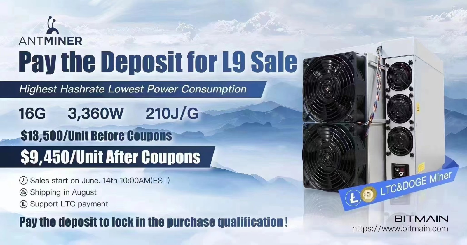 Antminer L9-16G  8月首批香港国内交货