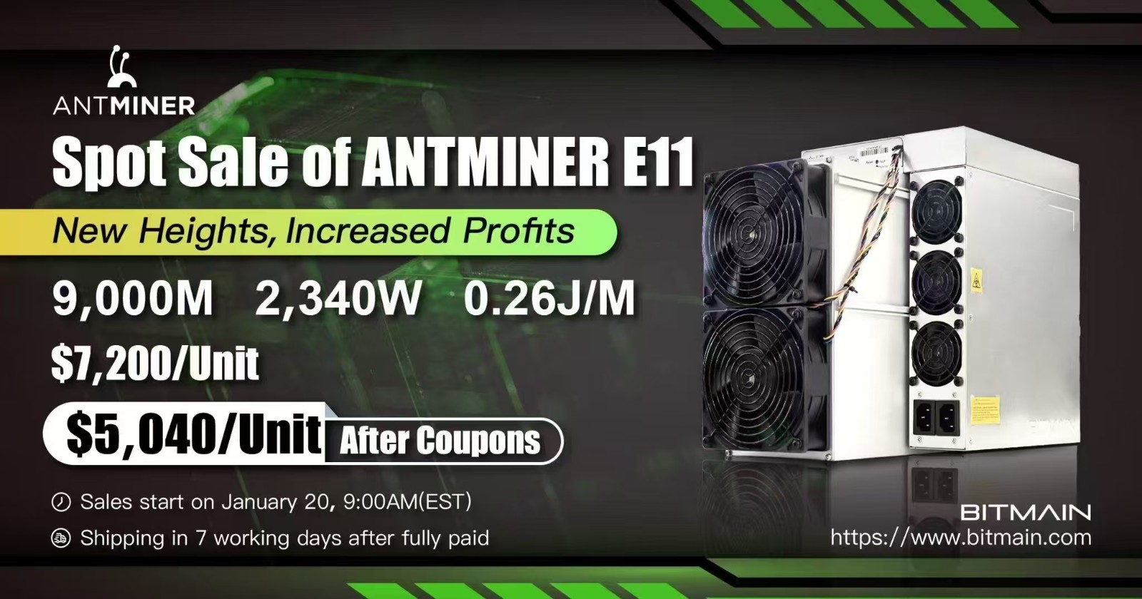 ANTMINER E11现货发售，9,000M算力等你挖掘！